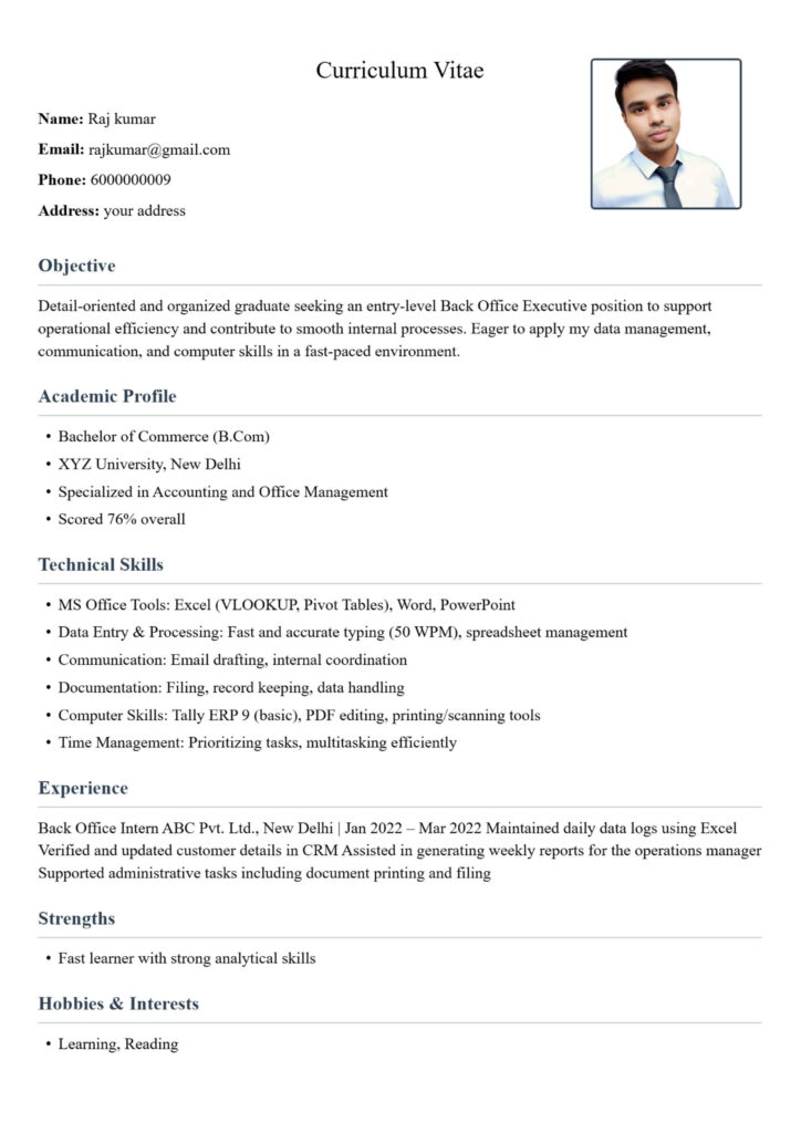 Back Office Executive Resume
